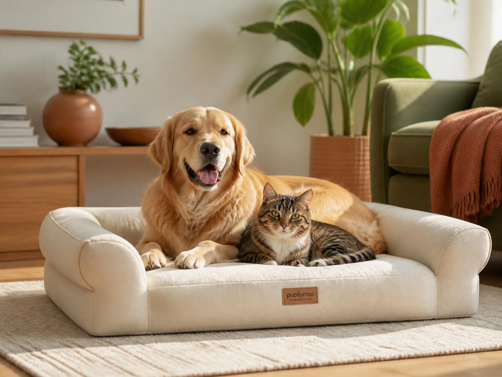 Cachorro e gato descansando juntos em uma cama de pet confortável